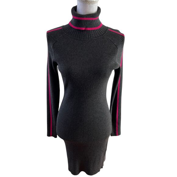 Milly New York Racer Stripe Turtleneck Ribbed Sweater Dress Gray Pink M - Picture 1 of 5